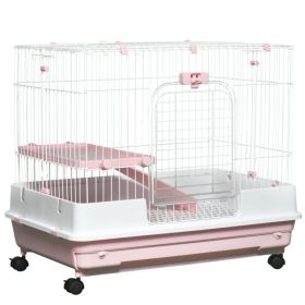 2-Level Small Animal Cage Rabbit Hutch with Wheels, Removable Tray, Platform and Ramp for Bunny, Chinchillas, Ferret, Pink (Option: Pink-864x602x275 mm)